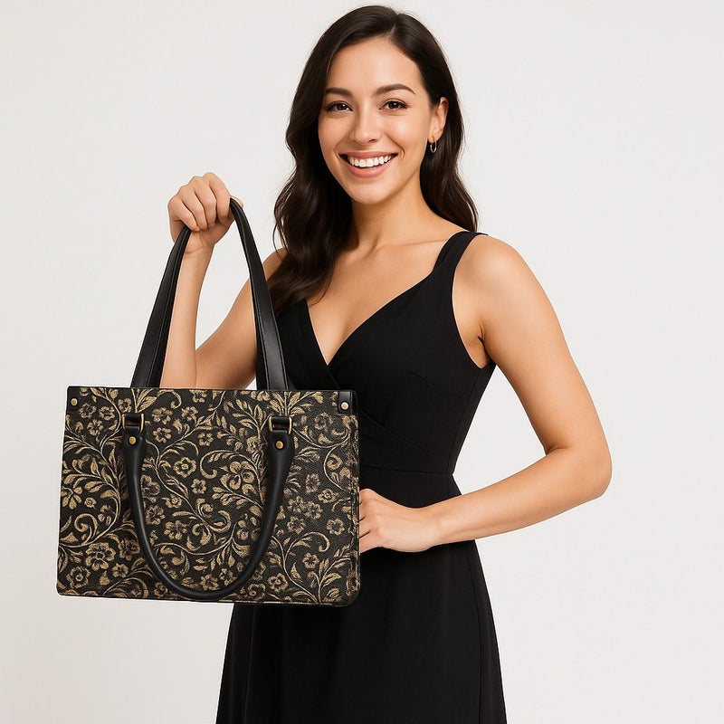 Osman Black & Gold Floral Tote Handbag for Women - Image 4